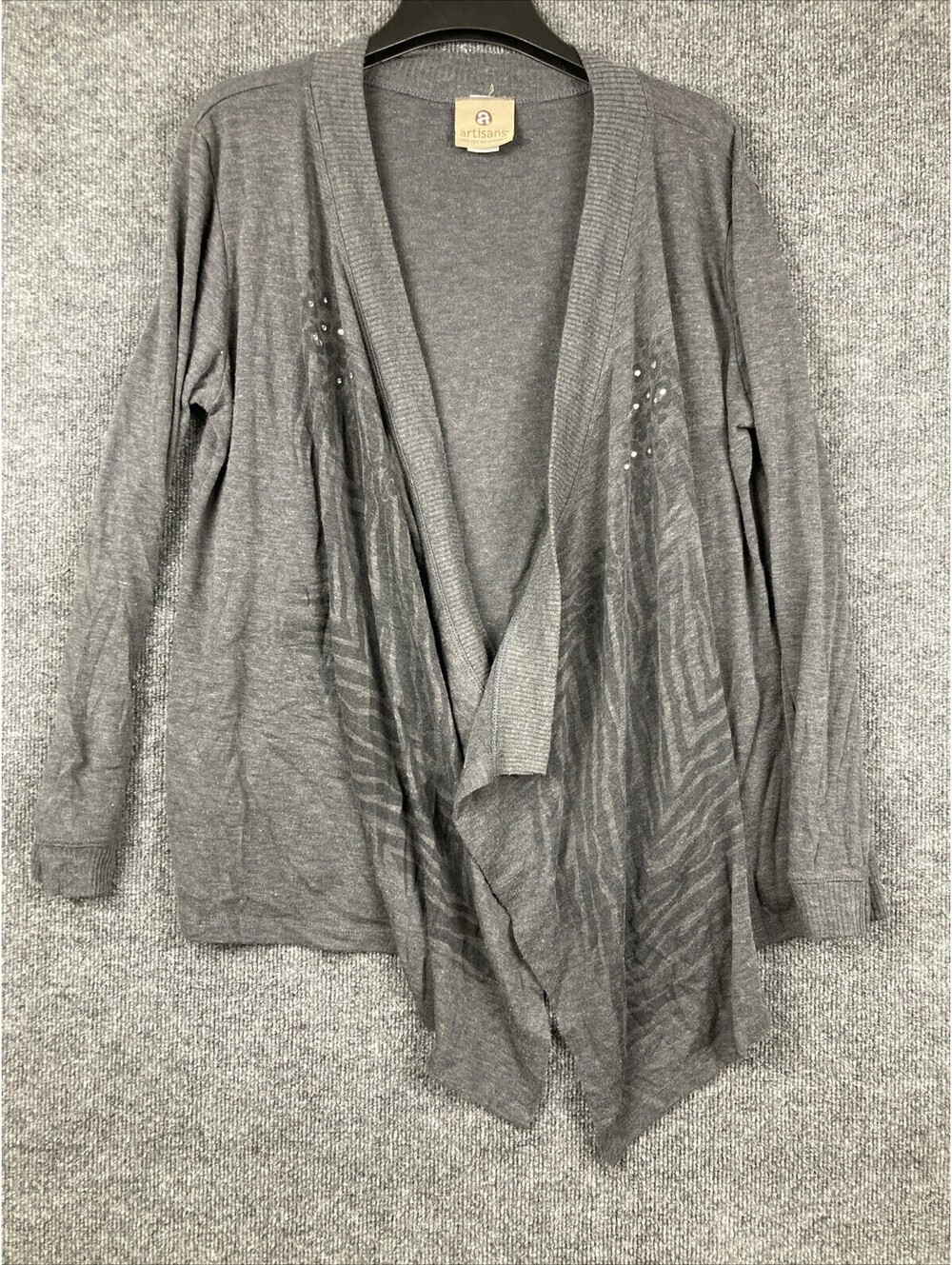 Artisan Women Size XL Liquid Knit Gray Jeweled Accent Open Long Sleeve Cardigan